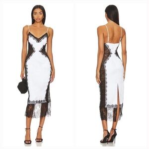 NBD Lilia Dress White Midi Cocktail Dress Black Lace